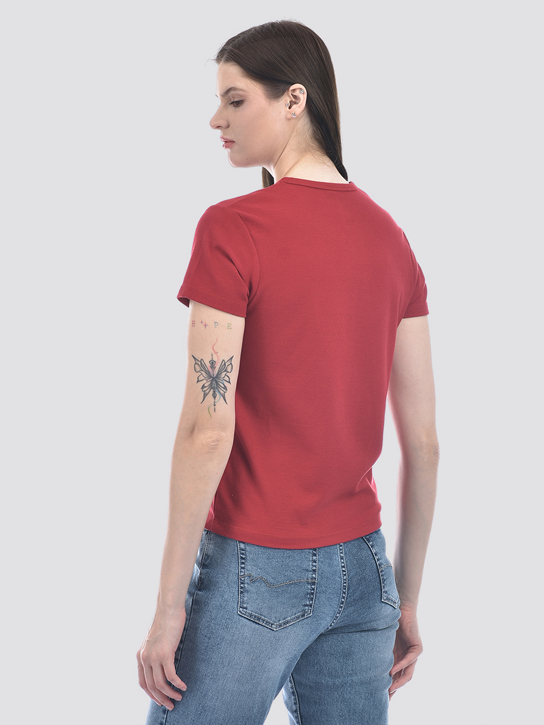 Numero Uno Women Red Henley Neck Waffle Knit T-Shirt